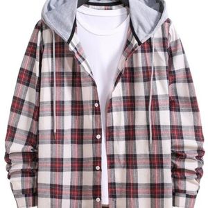 Drawstring Hooded Plaid Print Button Up Shirt